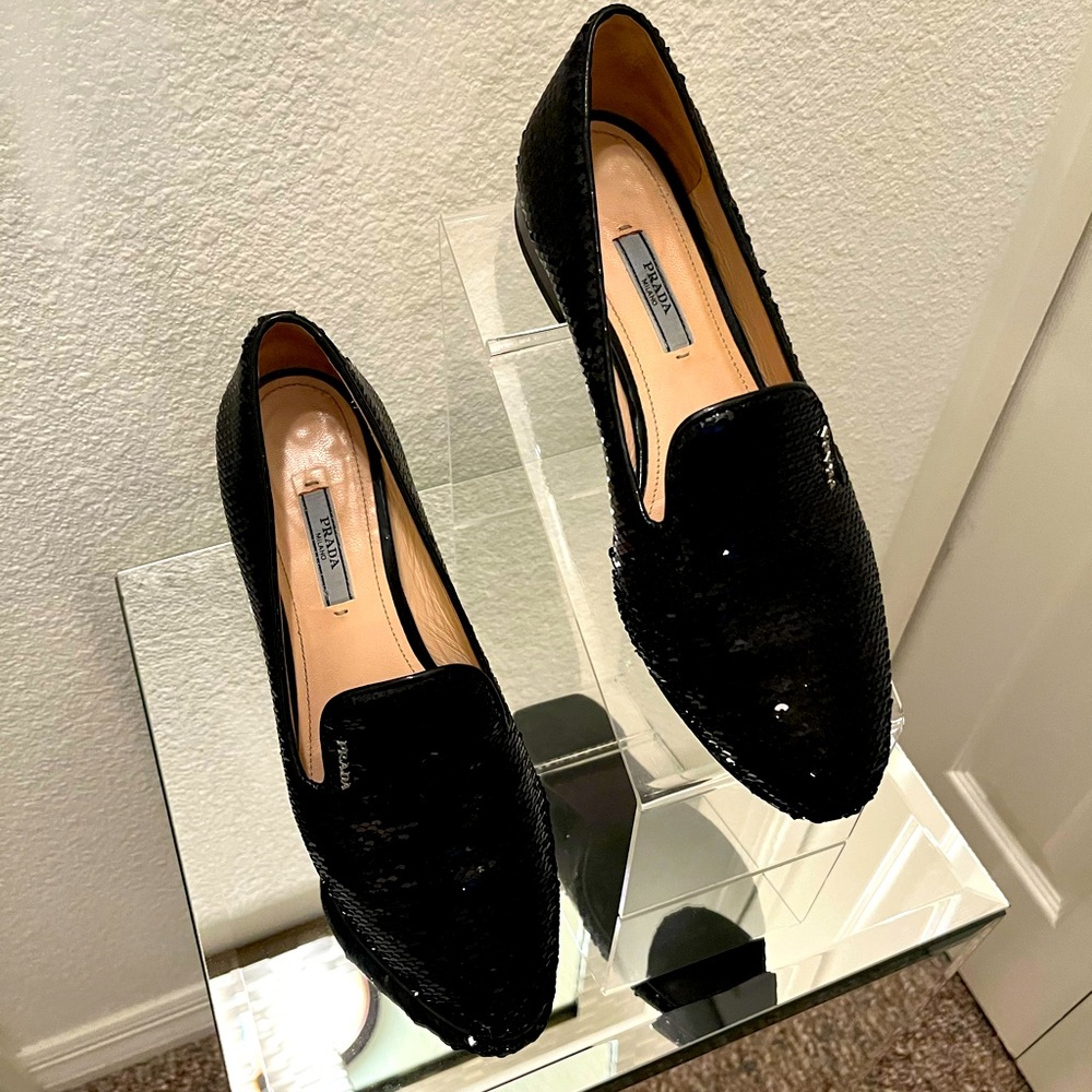 Prada Black Sequin Flats Loafers
